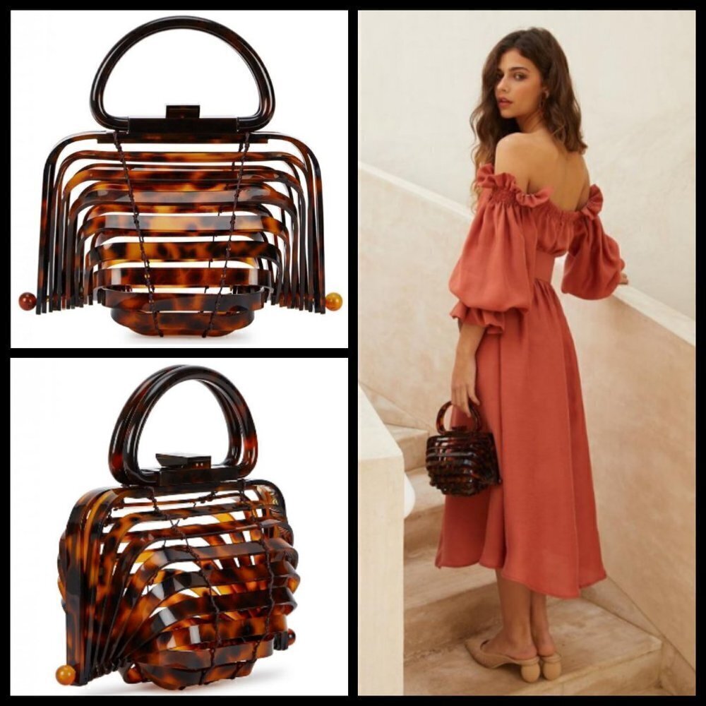 💕CULT GAIA💕 Lillith Bag ~ Tortoise Acrylic Mini Top Handle Bag Collapsible - Picture 2 of 16